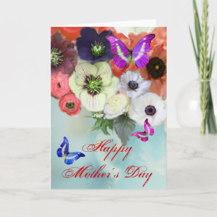 TARJETA MARIPOSAS, ROSAS ROJAS BLANCAS Y FLORES ANÉMONA