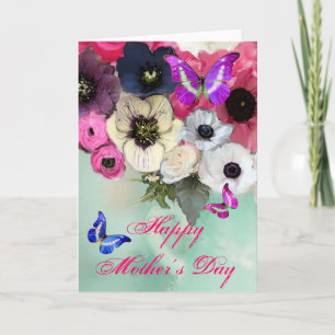 TARJETA MARIPOSAS, ROSAS ROSADAS BLANCAS Y FLORES ANÉMONA