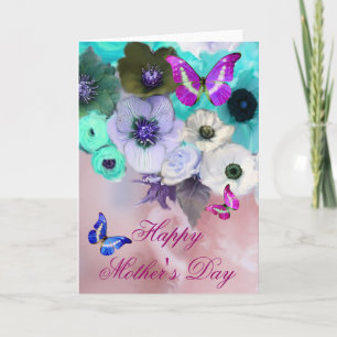 TARJETA MARIPOSAS, ROSAS TEAL BLANCAS Y FLORES ANEMONE