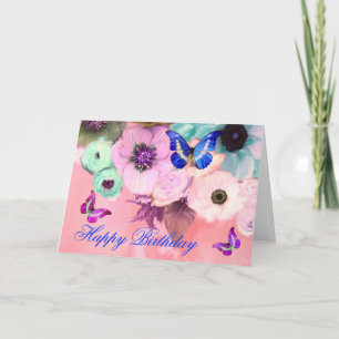 TARJETA MARIPOSAS, ROSAS TEAL ROSADAS Y FLORES ANÉMONA
