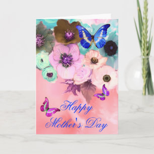 TARJETA MARIPOSAS, ROSAS TEAL ROSADAS Y FLORES ANÉMONA