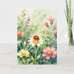 Tarjeta Mariquita Ladybug En un jardín de Flores