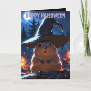 Tarjeta Marmot alpino usando brujas gorra halloween