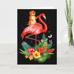 Tarjeta Marmota Divertida Montando Flamingo Flores Animale