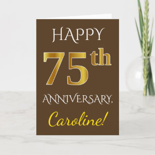 Tarjeta Marrón, Falso Oro 75º Aniversario de Boda + Nombre