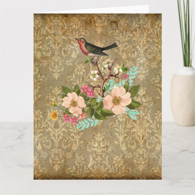 Tarjeta marrón floral del victorian del pájaro del damasco (Anverso)