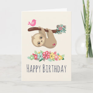 Tarjeta Marrón lindo Sloth colgando boca abajo Cumpleaños