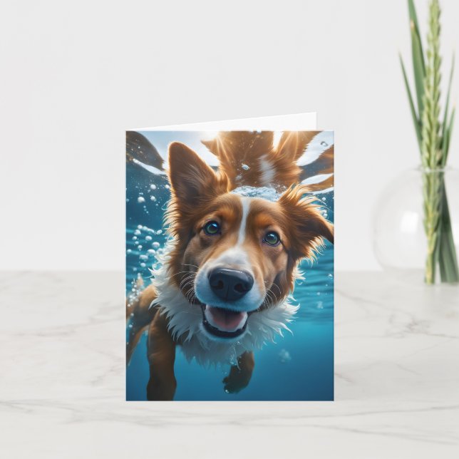 Tarjeta Marrón y perro blanco en el agua nadando en blanco (Anverso)