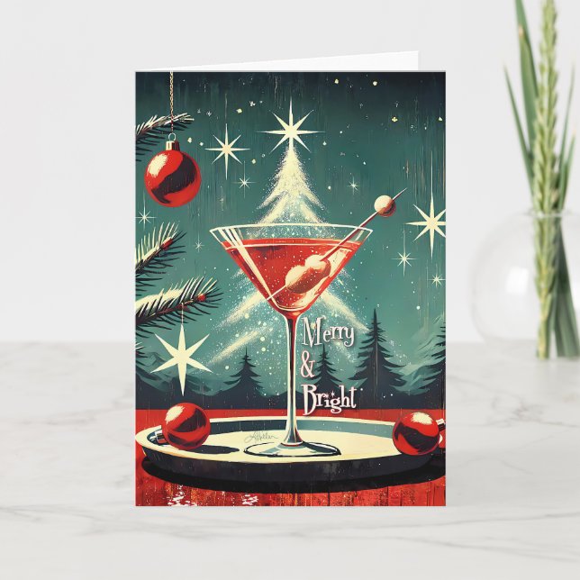Tarjeta Martini de árbol de Navidad Retro 50s Snow Flurry (Anverso)