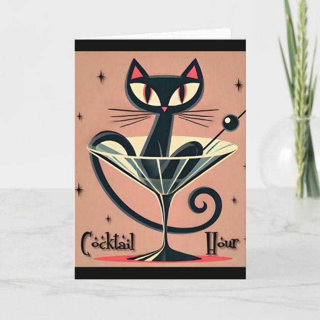 Tarjeta Martini de gato negro de la era espacial futurista (Anverso)
