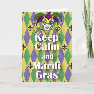 Tarjeta Máscara de Bufón Mantén la Calma y Mardi Gras