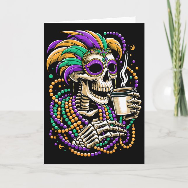 Tarjeta Máscara de cuentas de esqueleto bebiendo café de M (Anverso)