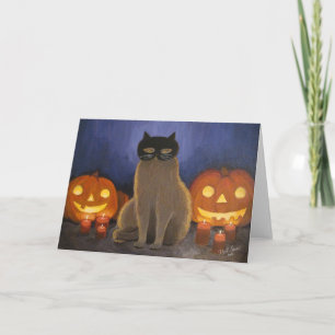 Tarjeta Máscara de gato de Halloween y linterna de Jack-o