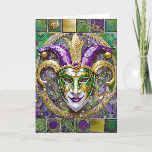 Tarjeta Máscara de Jester Mardi Gras verde dorado (Anverso)