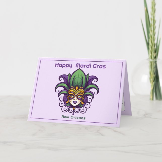Tarjeta Máscara de 💚 💜 💛 Mardi Gras (Anverso)