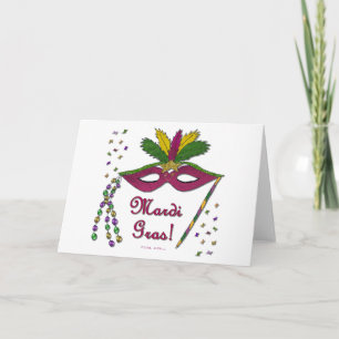 Tarjeta Máscara de Mardi Gras Plumas Cuentas