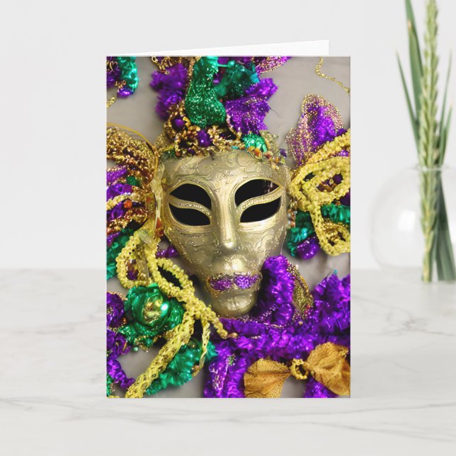 Tarjeta Máscara de mascarada de perlas moradas y doradas M (Anverso)