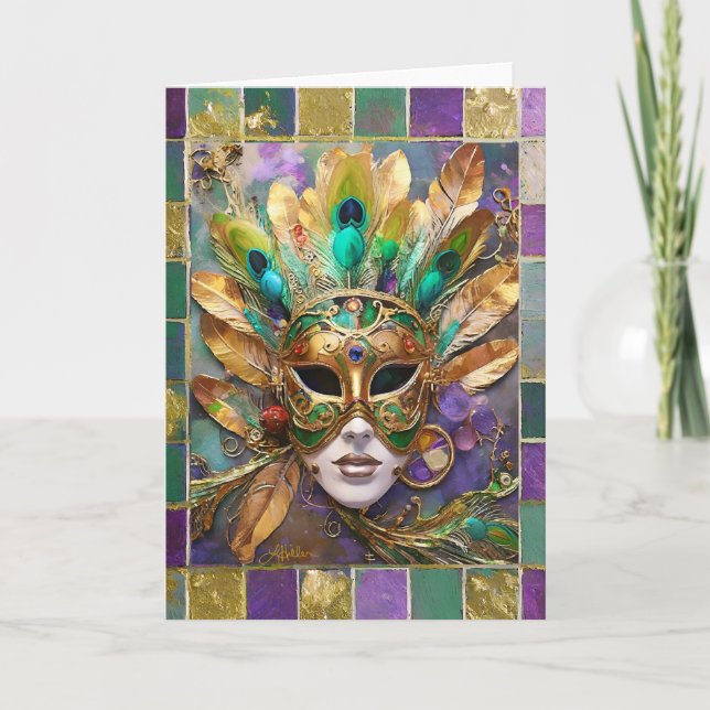 Tarjeta Máscara de piel de pavo real verde y oro de Mardi  (Anverso)