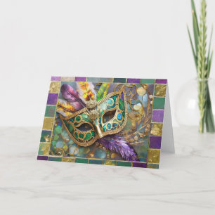 Tarjeta Máscara de plumas de color verde y oro de Mardi Gr