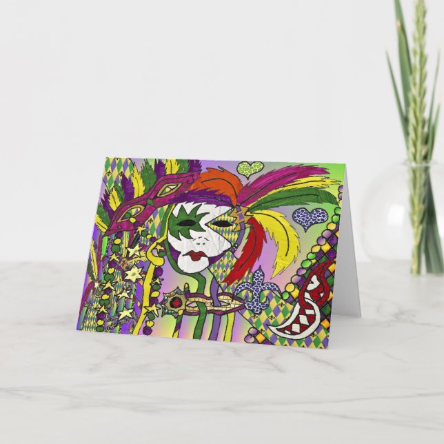 Tarjeta Máscara de plumas del Mardi Gras psicodélico (Anverso)