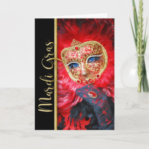 Tarjeta Máscara del Carnaval de Mardi Gras con plumas roja