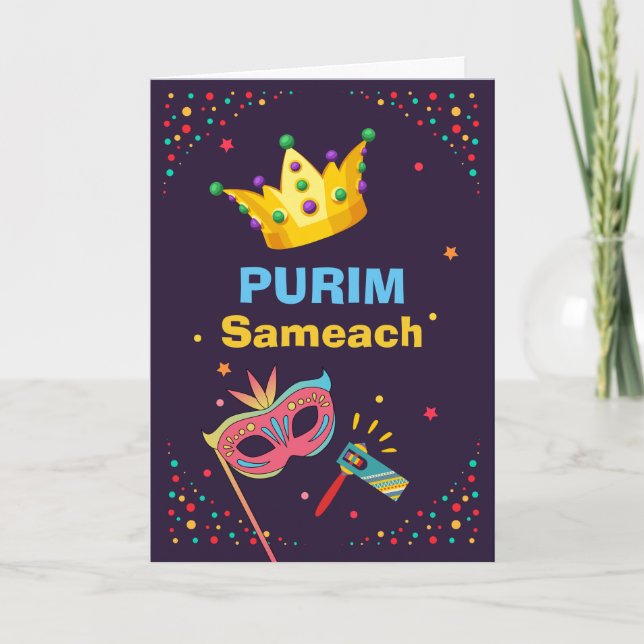 Tarjeta Máscara festiva de Purim Sameach y creador de ruid (Anverso)