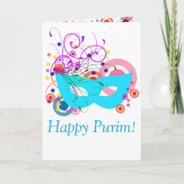 Tarjeta Máscara verde azulada de Purim con remolinos