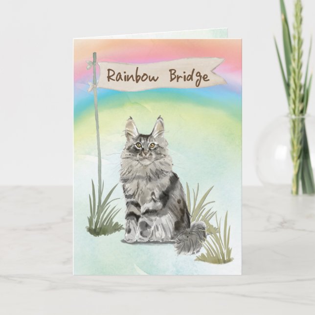 Tarjeta Mascota de gato Maine Coon sobre puente arco iris (Anverso)