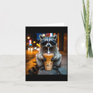 Tarjeta Mascota de mapache divertido bebiendo café helado 