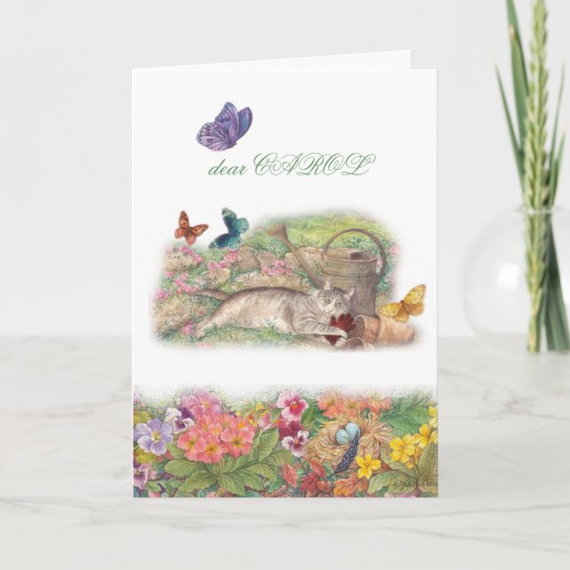 Tarjeta Mascota, gato en el jardín, mensaje Personalizado (Anverso)