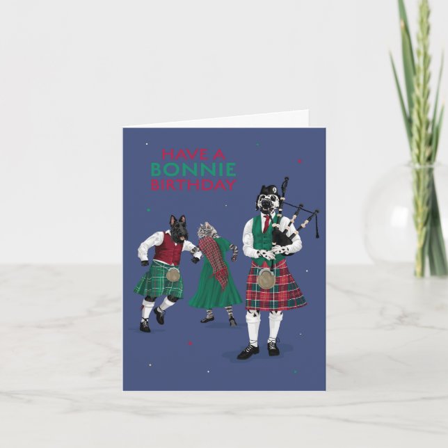 Tarjeta Mascotas en Kilts juegan a Bagpipes Bonnie cumplea (Anverso)