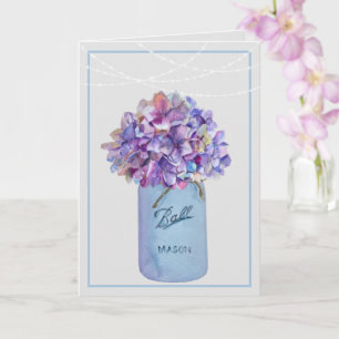 Tarjeta Mason Jar Con Purple Hydrangeas String Luces