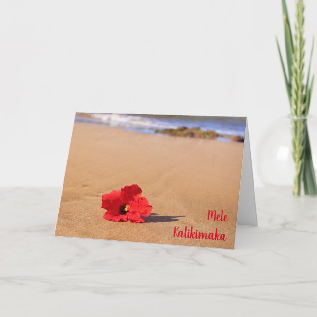 Tarjeta Maui Red Hibiscus sobre los Navidades de playa (Anverso)