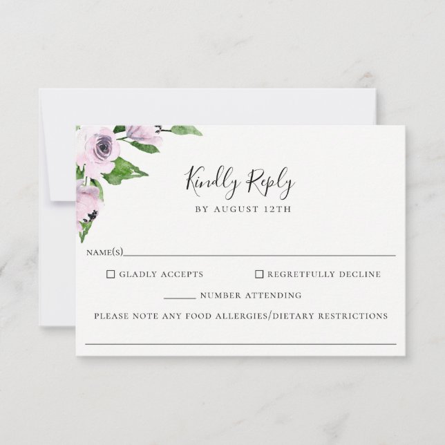 Tarjeta Mauve Floral Boda Alimentos Alergia RSVP (Anverso)