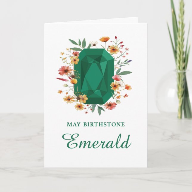 Tarjeta May Birthstone Emerald Birday with Wildflowers (Anverso)