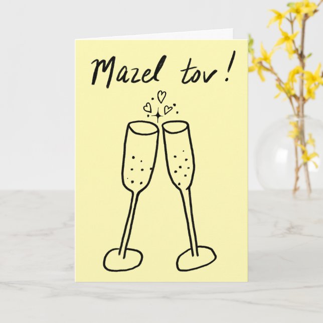 Tarjeta Mazel Tov Boda Champagne Cheetch Doodle (flor amarilla)