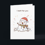 Tarjeta Me Derrito por Ti Cute Puchi Dōshi Snowman<br><div class="desc">Un diseño Puchi Dōshi juguetón y reconfortante para alguien verdaderamente especial. Este muñeco de nieve derretido hace un gesto alegre con la mano mientras está rodeado de corazones pastel y destellos suaves. El mensaje Me derrito por ti añade un toque romántico dulce, perfecto para parejas, admiradores o cualquier persona que...</div>