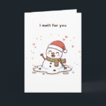 Tarjeta Me Derrito por Ti Cute Puchi Dōshi Snowman<br><div class="desc">Un diseño Puchi Dōshi juguetón y conmovedor para alguien verdaderamente especial. Este muñeco de nieve derretido da una alegre ola mientras está rodeado de corazones pastel y destellos suaves. El mensaje Me derrito por ti añade un toque romántico dulce, perfecto para parejas, enamoramientos o cualquier persona que merezca una sonrisa....</div>