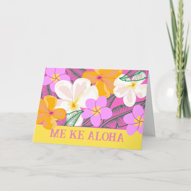 Tarjeta Me Ke Aloha con amor Plumeria tropical hawaiana (Anverso)