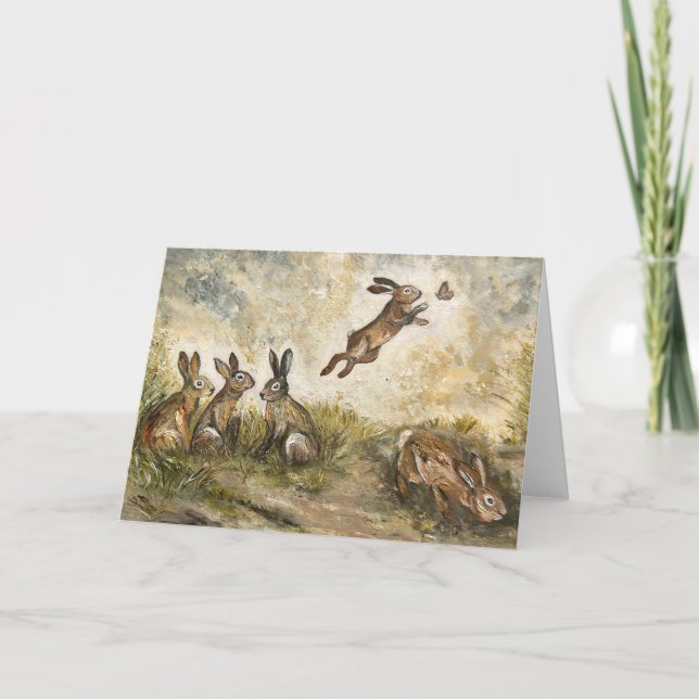Tarjeta Meadow Matchup Playful Hares in a Meadow  (Anverso)