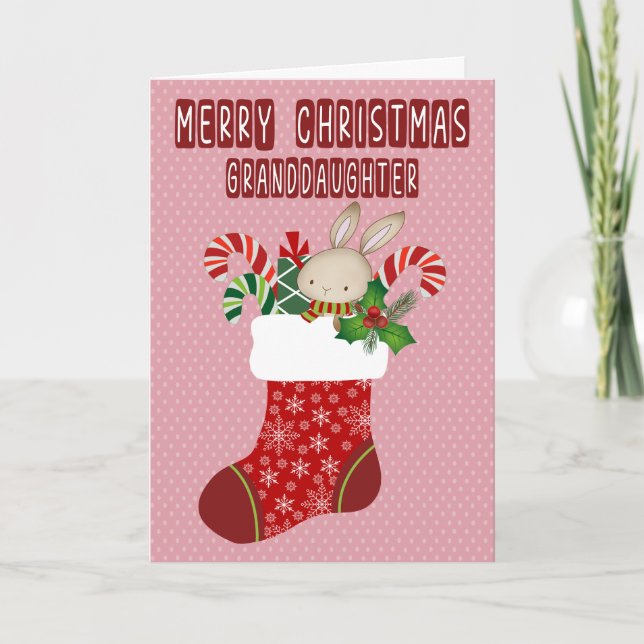 Tarjeta Medias de Navidad para nieta con conejo (Anverso)