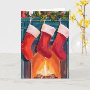 Tarjeta Medias de Navidad Rojas Chimenea Acuarela