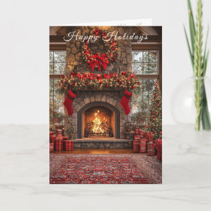 Tarjeta Medias rojas de chimenea de Navidad Luces