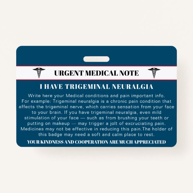 Tarjeta médica de emergencia para neuralgia trigem (Anverso)