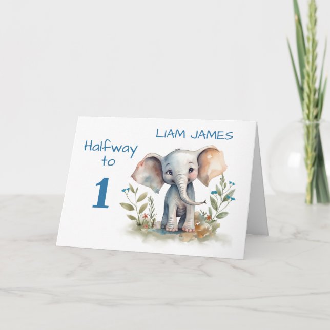 Tarjeta Medio cumpleaños para un niño pequeño elefante acu (Anverso)