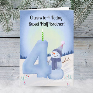 Tarjeta Medio hermano cumple 4 años muñeco de nieve con cu