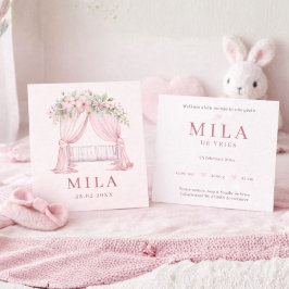 Tarjeta Meisje Roze Wieg Bloemen Waterverf Geboorte