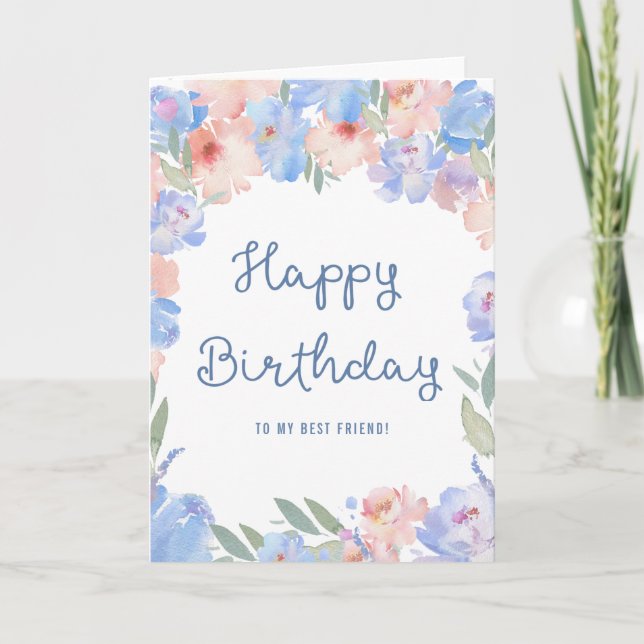 Tarjeta Mejor Amigo Blue Pink Floral acuarela Cumpleaños (Anverso)