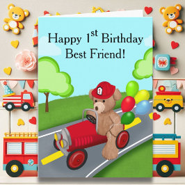 Tarjeta Mejor Amigo Primer Cumpleaños Teddy Bear Firetruck