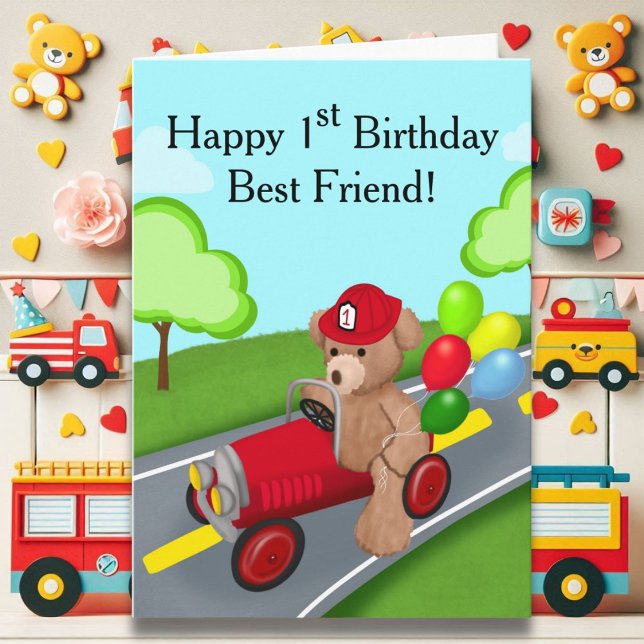Tarjeta Mejor Amigo Primer Cumpleaños Teddy Bear Firetruck (Subido por el creador)